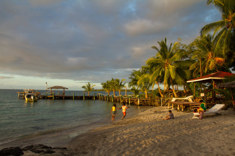 Children play on the beach in the golden light just before sunset