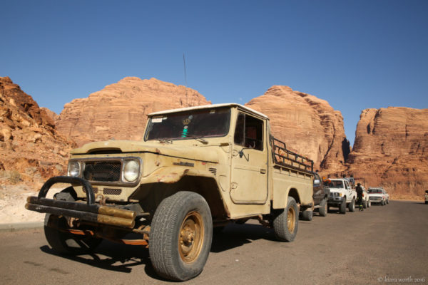 As the adventure into Wadi Rum begins, a sturdy jeep becomes our new mode of transport.